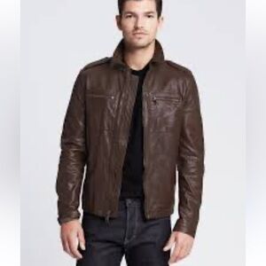 GJS Vintage 90’s Dark Brown Leather Bomber Jacket Size Medium Moto Vibes